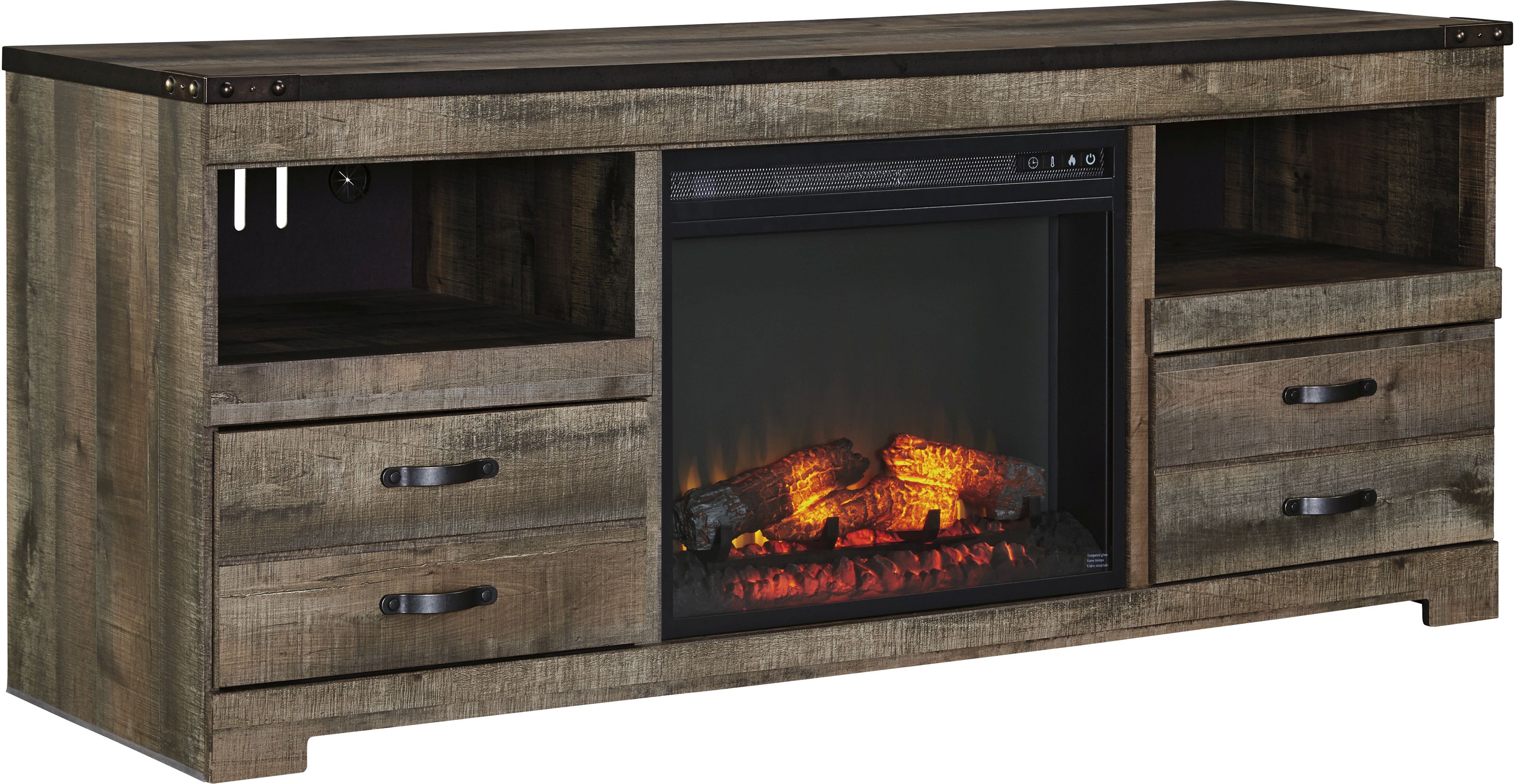 Signature Design by Ashley Trinell Brown 63 Large TV Stand with Fireplace Option