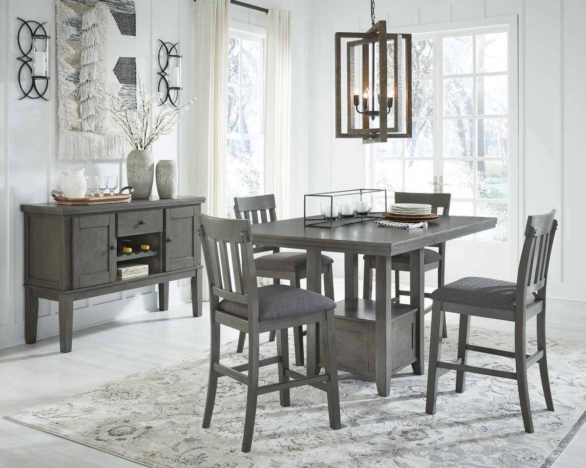 front view of a modern dining room with a functional buffet to hold wine bottles 